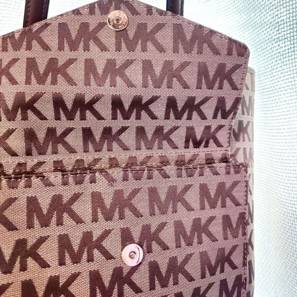 Michael Kors MK Signature Tote Bag Beige Brown Leather Shoulder Bag